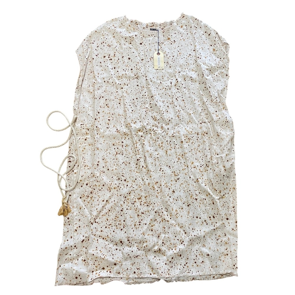 UQNATU Sack Tunic Dress Paint Splatter Cotton Lagenlook Midi Tie Waist Dress NWT